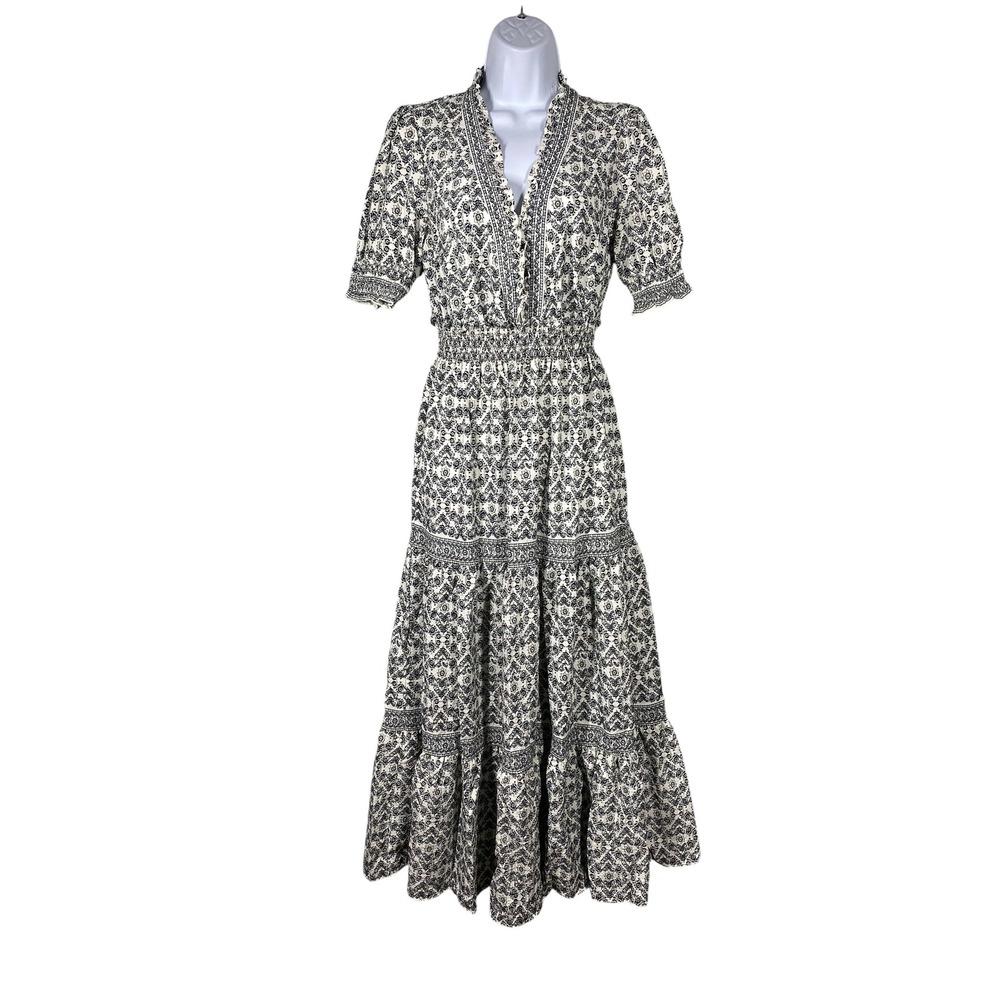 Max Studio London Maxi Dress Womens S Navy White Smocked Tiered Boho Floral